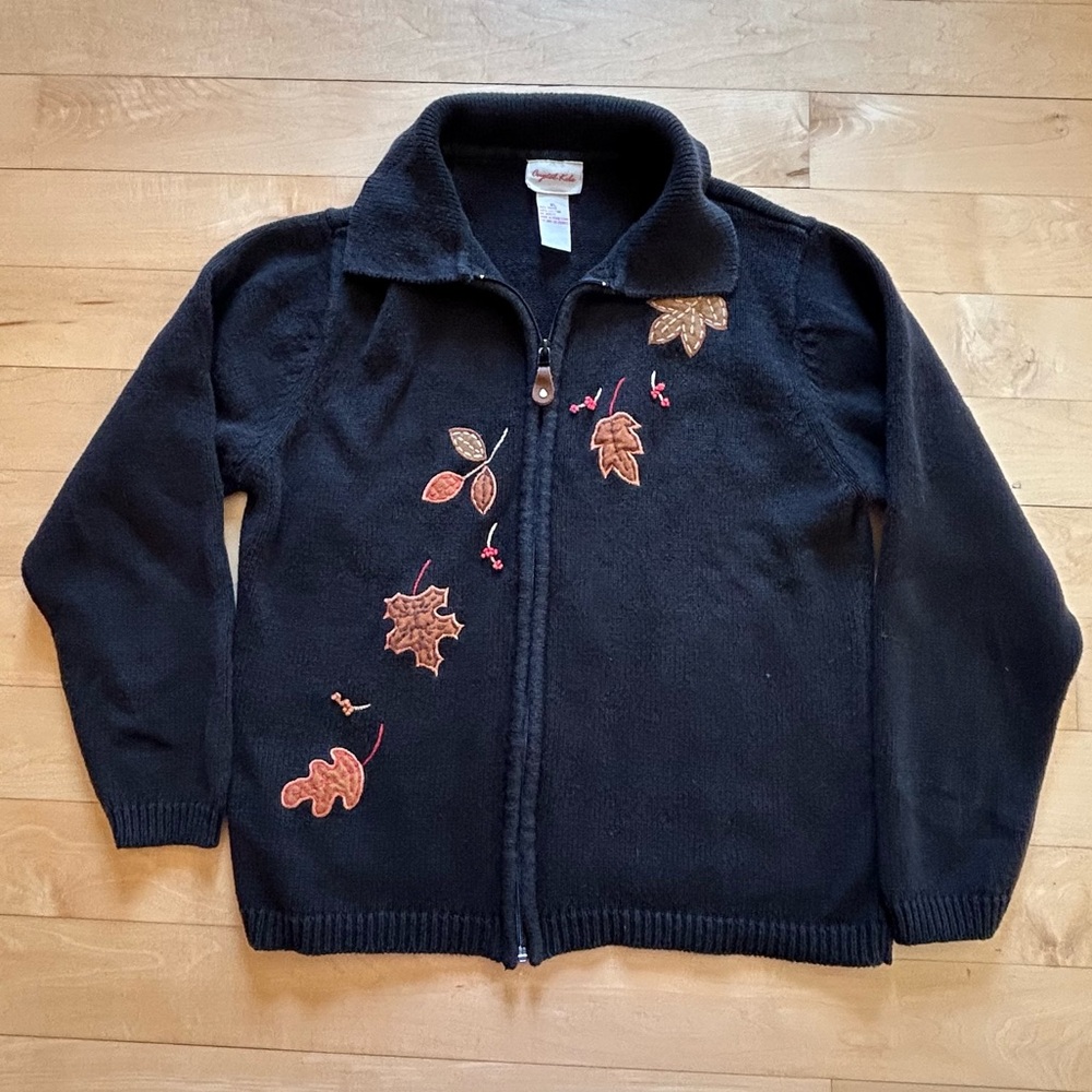 Vintage Y2K Crystal Kobe Full Zip Black Fall Leaves Appliqué Sweater Size XL